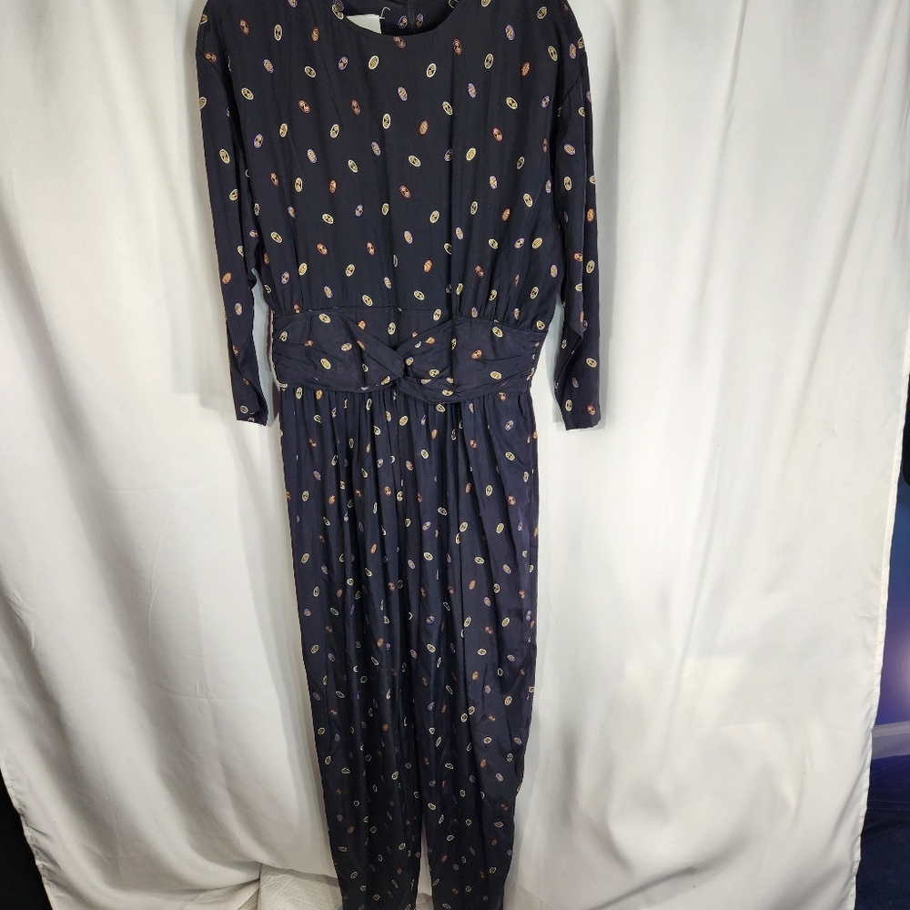 Vintage Paquette Long Sleeve Jumpsuit Black Multi Oval Pattern  80s-90s Size 14